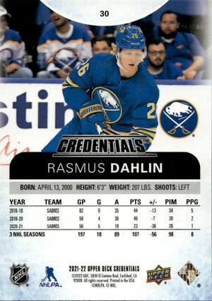 2021-22 Upper Deck Credentials - Base - #30 Rasmus Dahlin - Buffalo Sabres - B