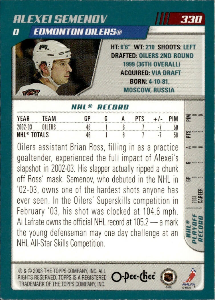 2003-04 O-Pee-Chee - Base #330 Alexei Semenov - Edmonton Oilers - B
