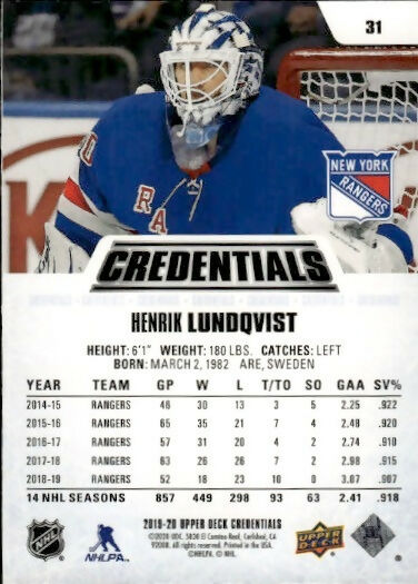 2019-20 Upper Deck Credentials - Base #31 Henrik Lundqvist - New York Rangers