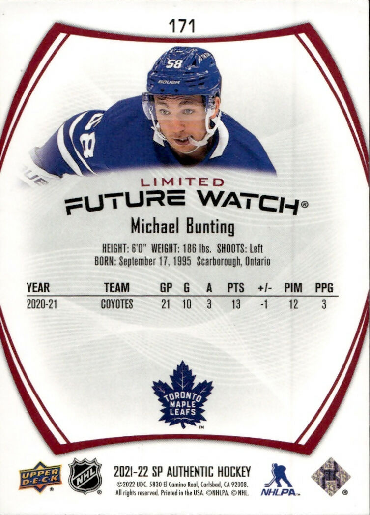 2021-22 Upper Deck SP Authentic Hockey - Base - Future Watch - Limited Red #171 Michael Bunting - Toronto Maple Leafs - B