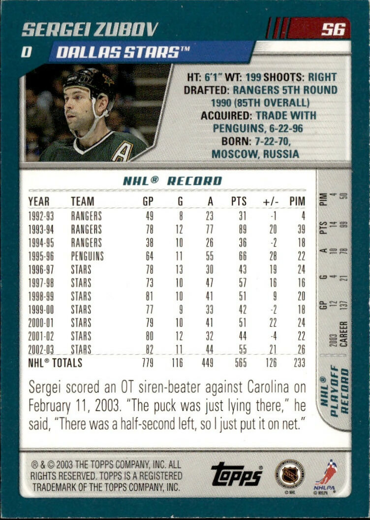 2003-04 Topps - Base - Blue :500 # Sergei Zubov - Dallas Stars - B