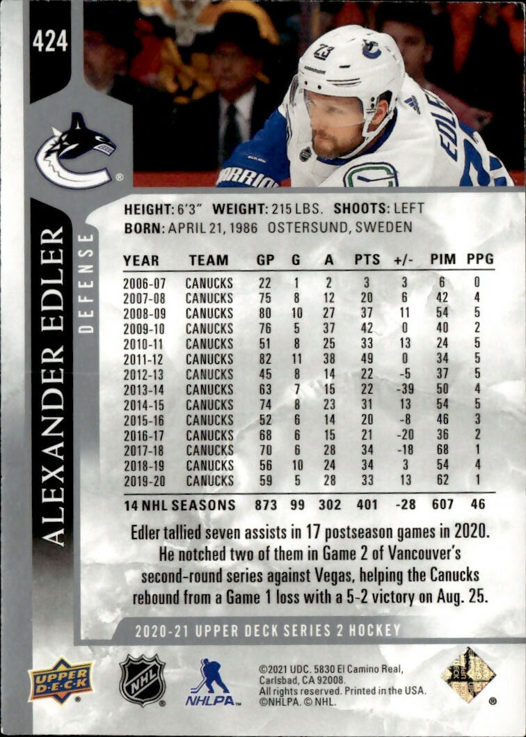 2020-21 Upper Deck Series 2 Hockey - Base #424 Alexander Edler - Vancouver Canucks - B