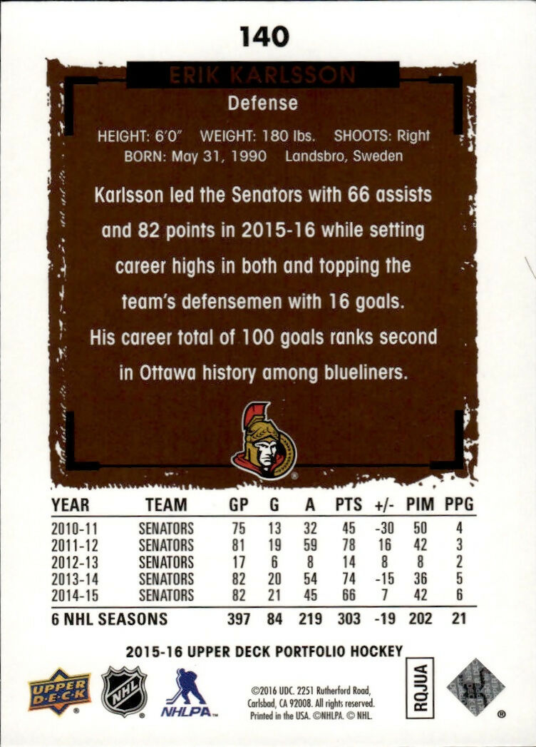 2015-16 Upper Deck Portfolio Hockey - Base #140 Erik Karlsson - Ottawa Senators