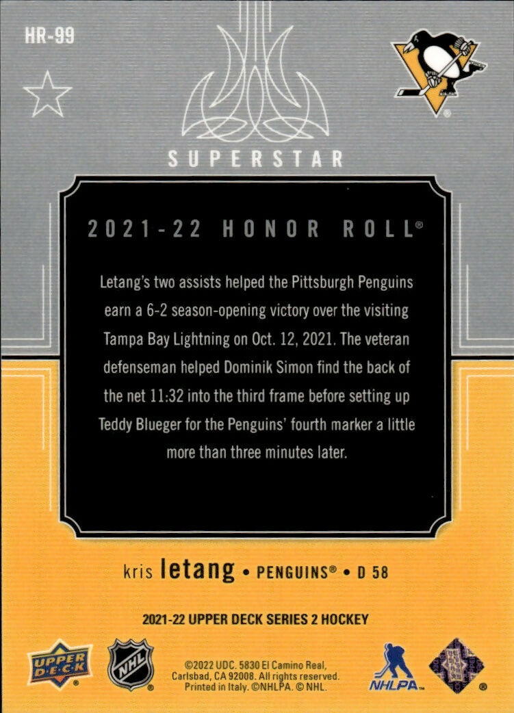 2021-22 Upper Deck Series 2 Hockey - Honor Roll #HR-99 Kris Letang - Pittsburgh Penguins - B