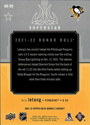 2021-22 Upper Deck Series 2 Hockey - Honor Roll #HR-99 Kris Letang - Pittsburgh Penguins - B