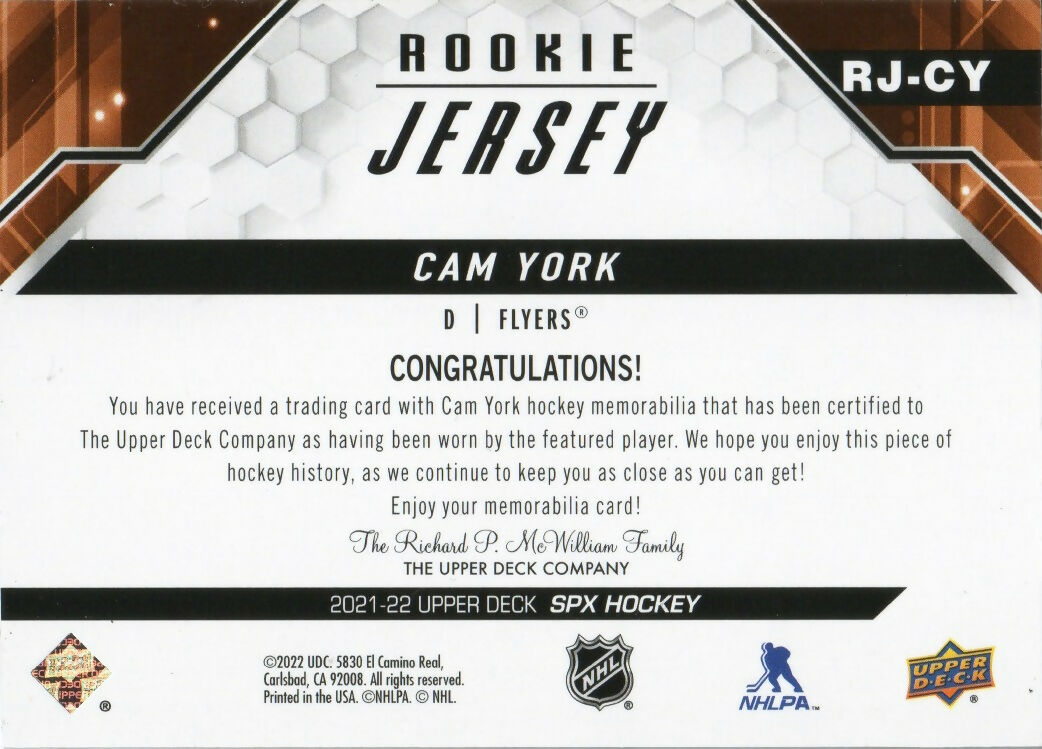 2021-22 Upper Deck SPX Hockey - Rookie Jersey #RJ-CY Cam York - Philadelphia Flyers - B