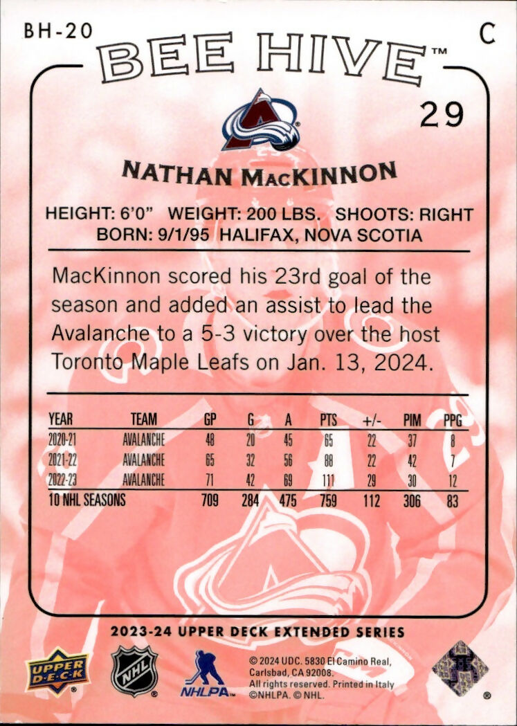 2023-24 Upper Deck Extended Series - Beehive :250 #BH-20 Nathan MacKinnon - Colorado Avalanche - B