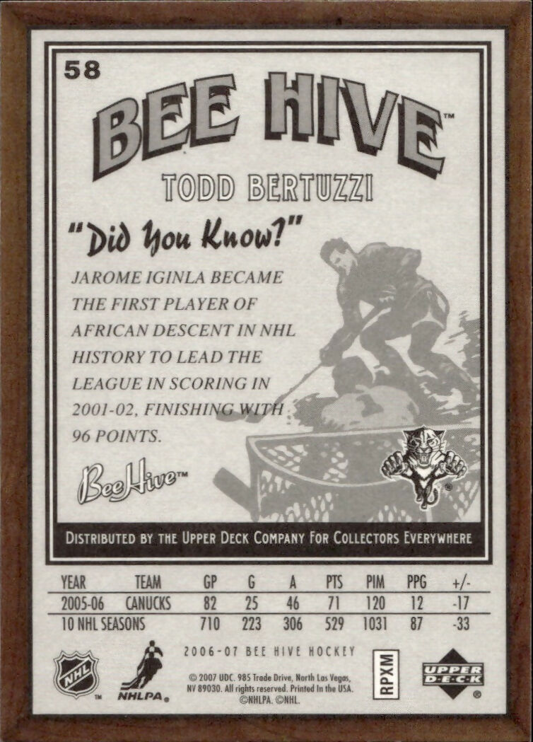 2006-07 Upper Deck - Bee Hive Hockey - Base #58 Todd Bertuzzi - Florida Panthers - B