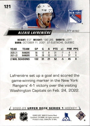2022-23 Upper Deck Series 1 Hockey - Base #121 Alexis Lafreniere - New York Rangers - B