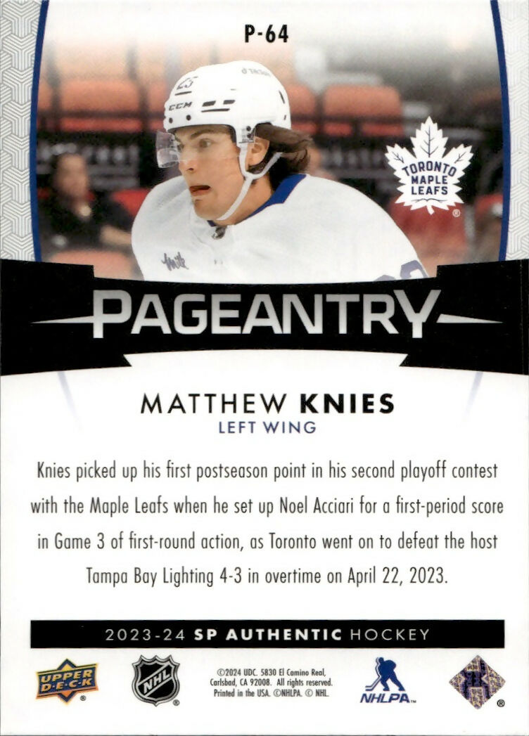 2023-24 Upper Deck SP Authentic Hockey - Pageantry #P-64 Matthew Knies - Toronto Maple Leafs - B