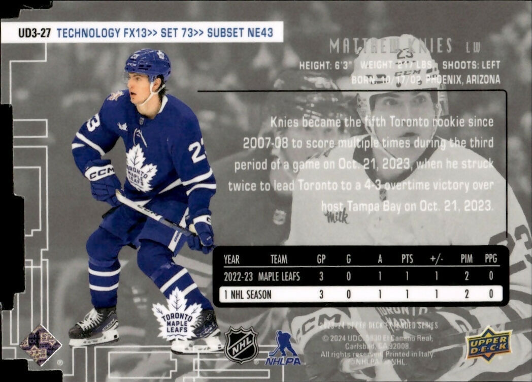 2023-24 Upper Deck Extended Series - Technology FX-13 #UD3-27 Matthew Knies - Toronto Maple Leafs - B