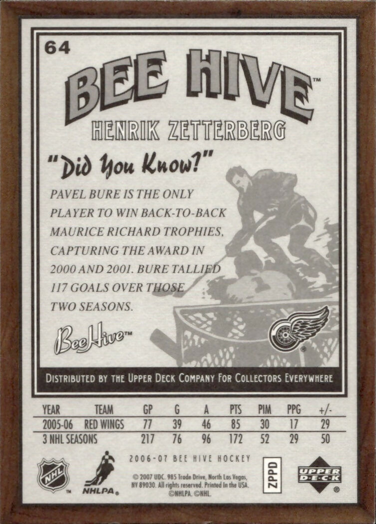 2006-07 Upper Deck - Bee Hive Hockey - Base #64 Henrik Zetterberg - Detroit Red Wings - B