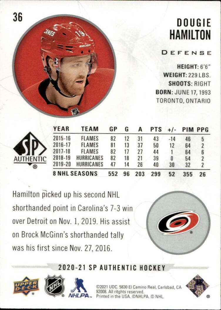 2020-21 Upper Deck Sp Authentic Hockey - Base #36 Dougie Hamilton - Carolina Hurricanes - B