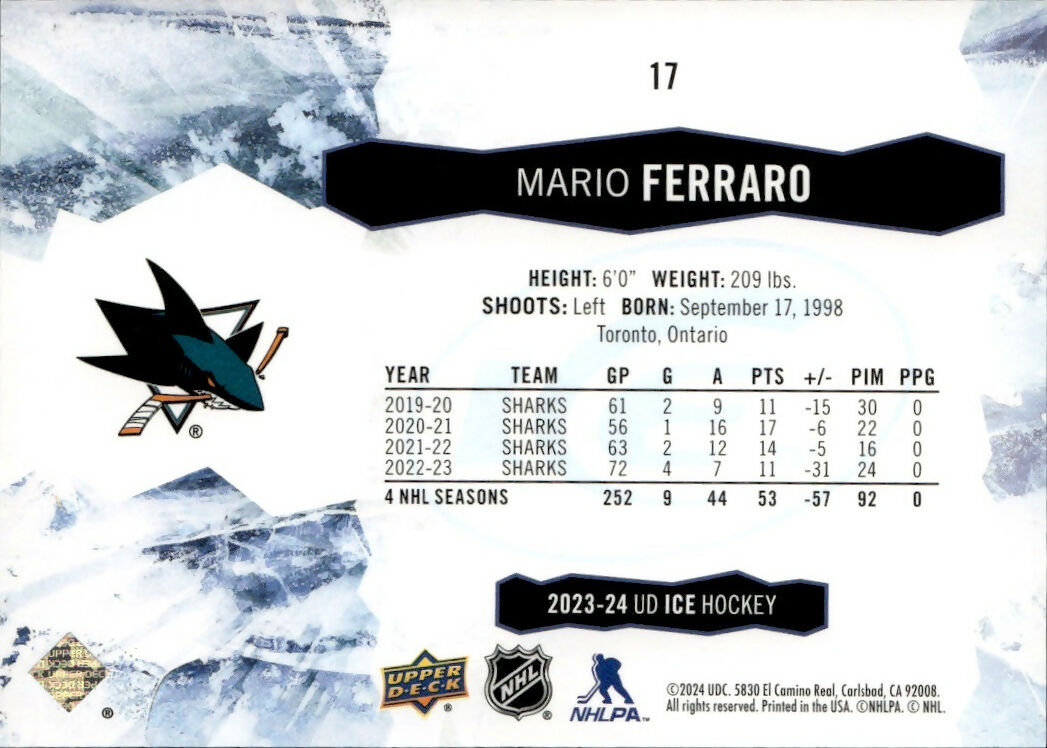 2023-24 Upper Deck Ice Hockey - Base - Greyscale :99 #17 Mario Ferraro - San Jose Sharks - B