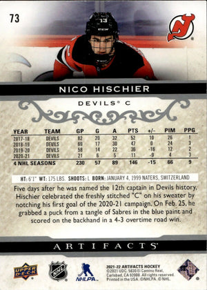 2021-22 Upper Deck Artifacts Hockey - Base #73 Nico Hischier - New Jersey Devils - B