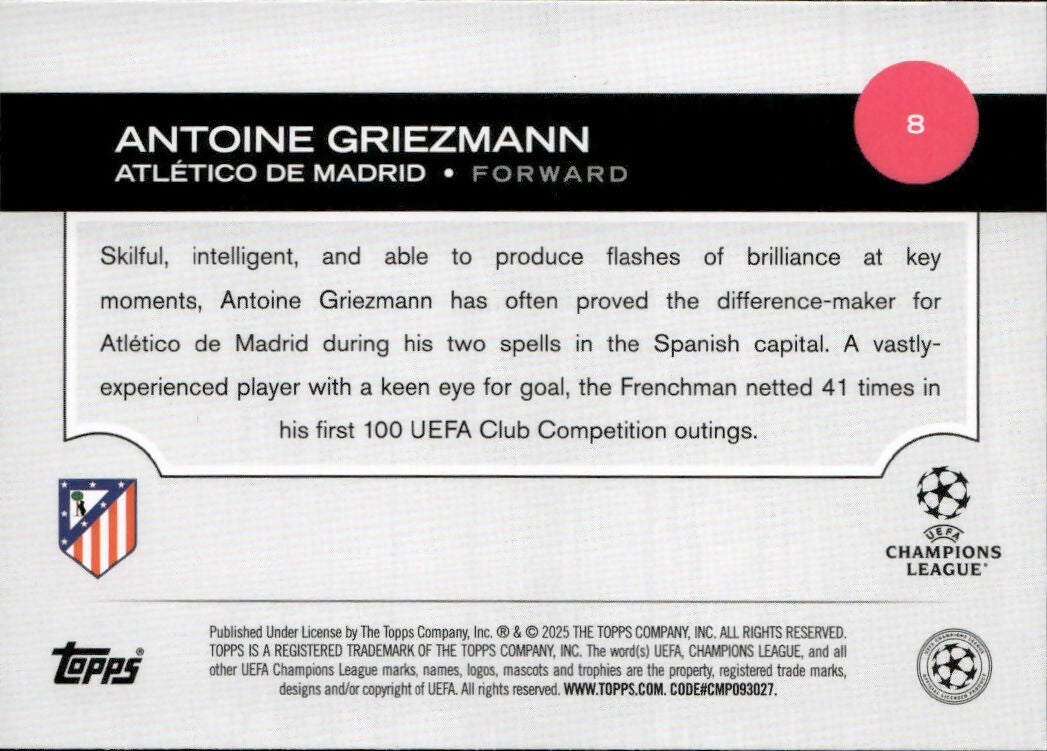 2024-25 Topps UEFA Club Competitions - Base #8 Antoine Griezmann - Atletico De Madrid - B