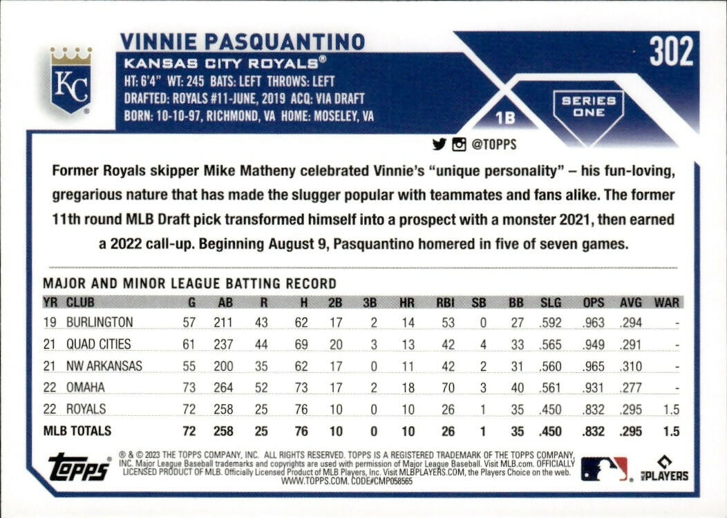 2023 Topps #302 Vinnie Pasquantino Kansas City Royals Rookie