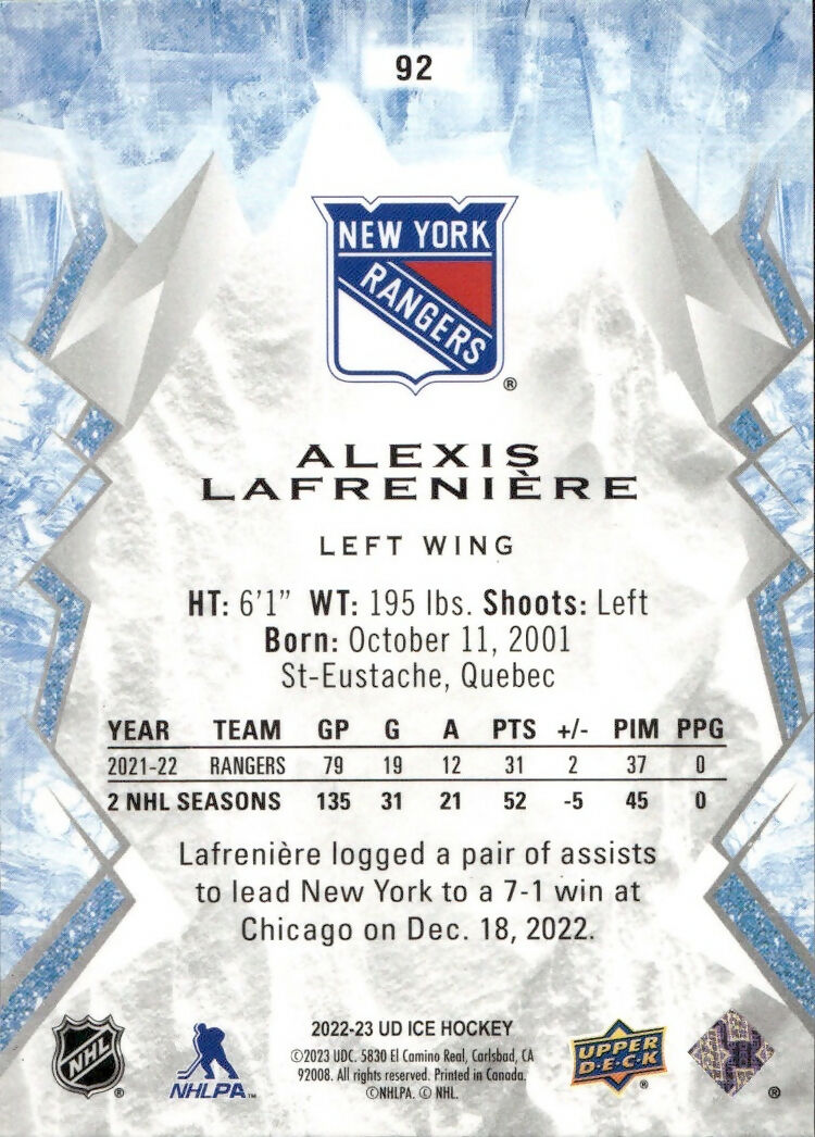 2022-23 Upper Deck Ice Hockey - Base - Pink #92 Alexis Lafreniere - New York Rangers - B