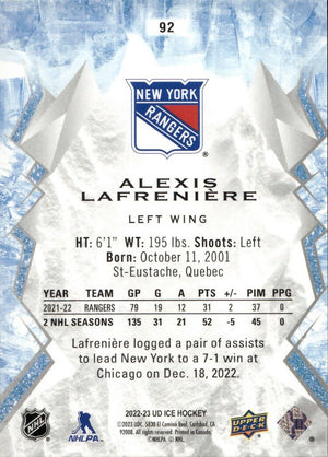 2022-23 Upper Deck Ice Hockey - Base - Pink #92 Alexis Lafreniere - New York Rangers - B