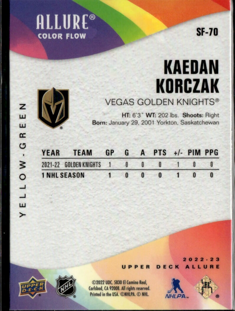 2022-23 Upper Deck Allure Hockey - Color Flow - Yellow-Green #SF-70 Kaedan Korczak - Vegas Golden Knights - B