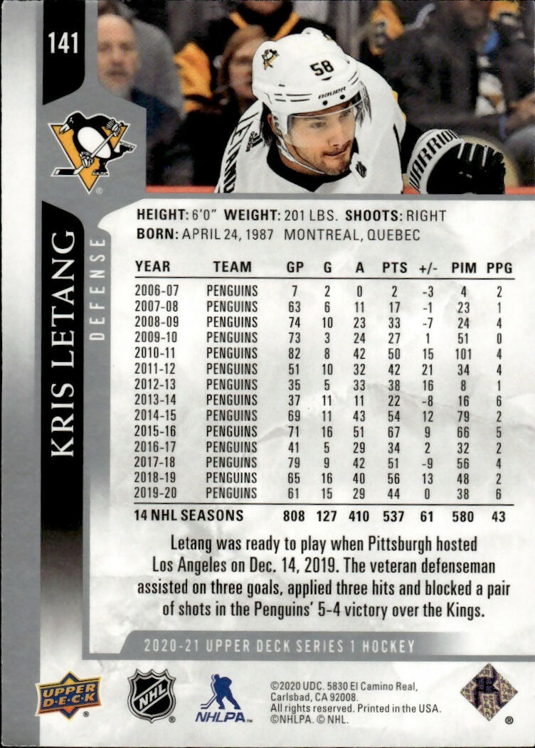 2020-21 Upper Deck Series 1 Hockey #141 Kris Letang - Pittsburgh Penguins