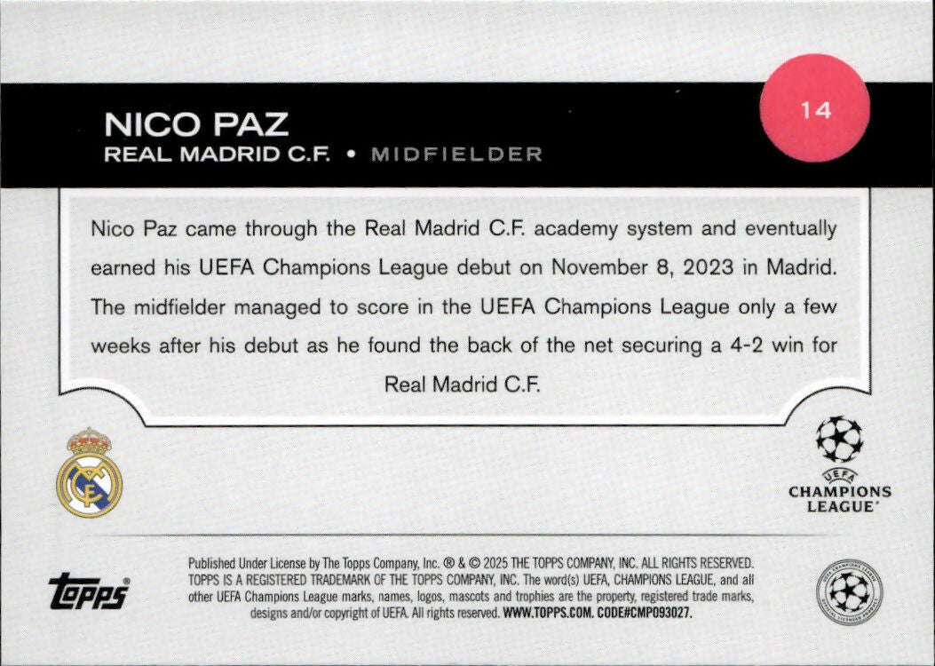 2024-25 Topps UEFA Club Competitions - Base #14 Nico Paz - Real Madrid C.F. - B
