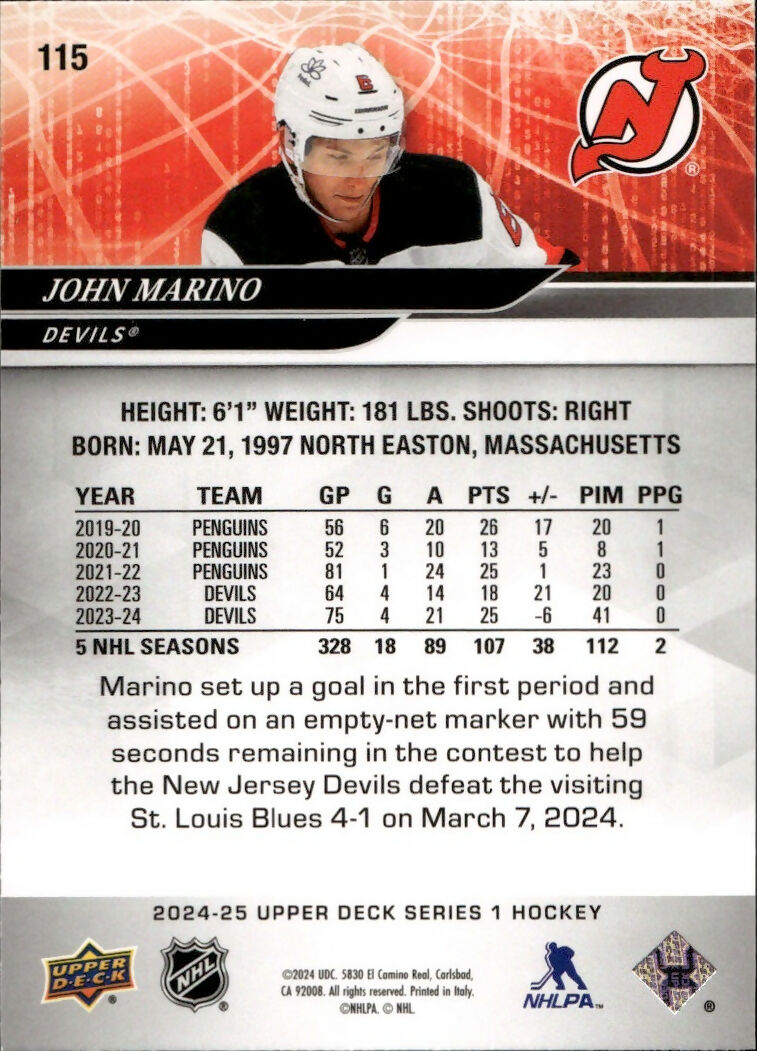 2024-25 Upper Deck Series 1 Hockey - Base #115 John Marino - New Jersey Devils