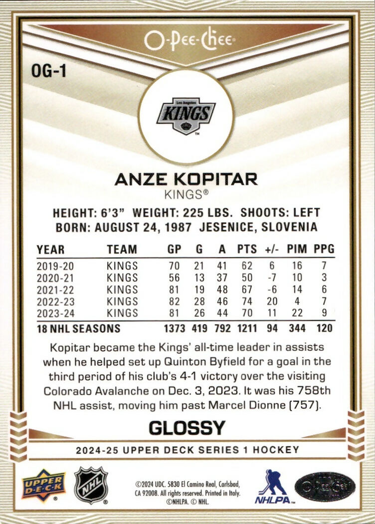2024-25 Upper Deck Series 1 Hockey - O-Pee-Chee - Glossy #OG-1 Anze Kopitar - Los Angeles Kings