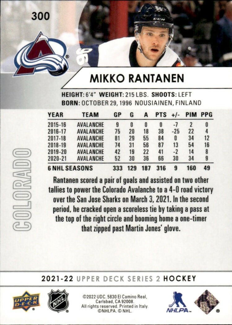 2021-22 Upper Deck Series 2 Hockey - Base #300 Mikko Rantanen - Colorado Avalanche - B