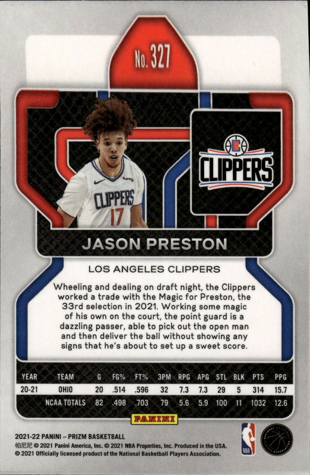 2021-22 Panini Prizm Basketball - Base - Rookie # 327 Jason Preston - Los Angeles Clippers