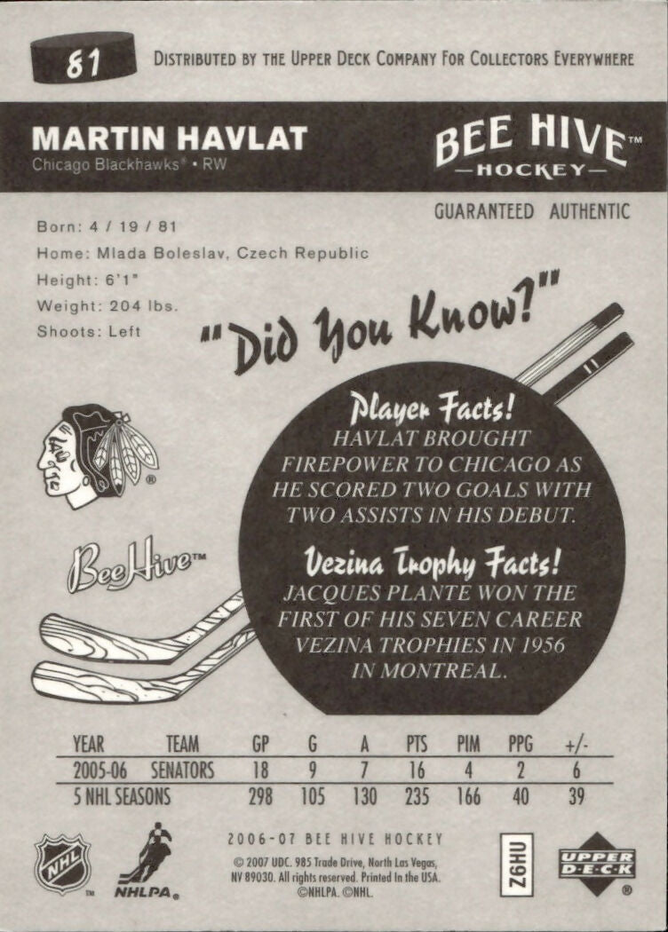 2006-07 Upper Deck - Bee Hive Hockey - Base #81 Martin Havlat - Chicago Blackhawks - B