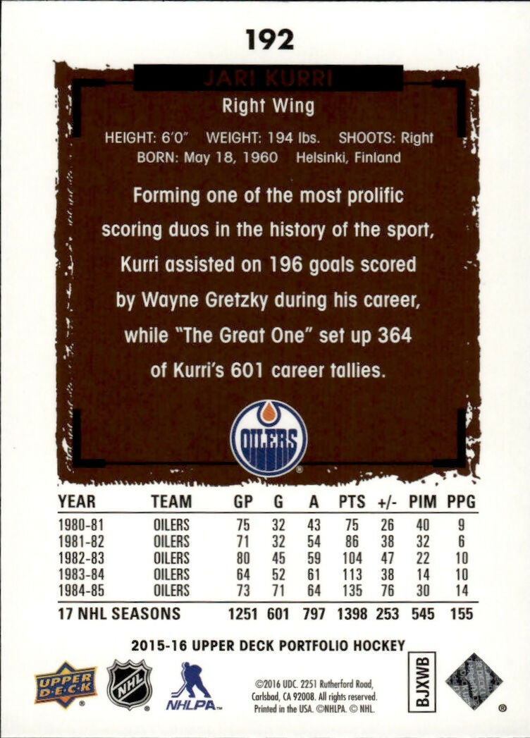 2015-16 Upper Deck Portfolio Hockey - Base #192 Jari Kurri - Edmonton Oilers