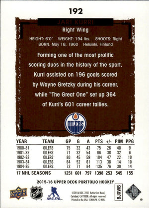 2015-16 Upper Deck Portfolio Hockey - Base #192 Jari Kurri - Edmonton Oilers