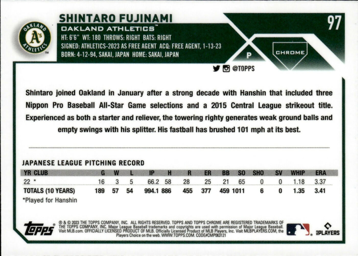 2023 Topps Chrome Baseball - [Base] - Prism Refractor #97 Shintaro Fujinami - Oakland Athletics - B