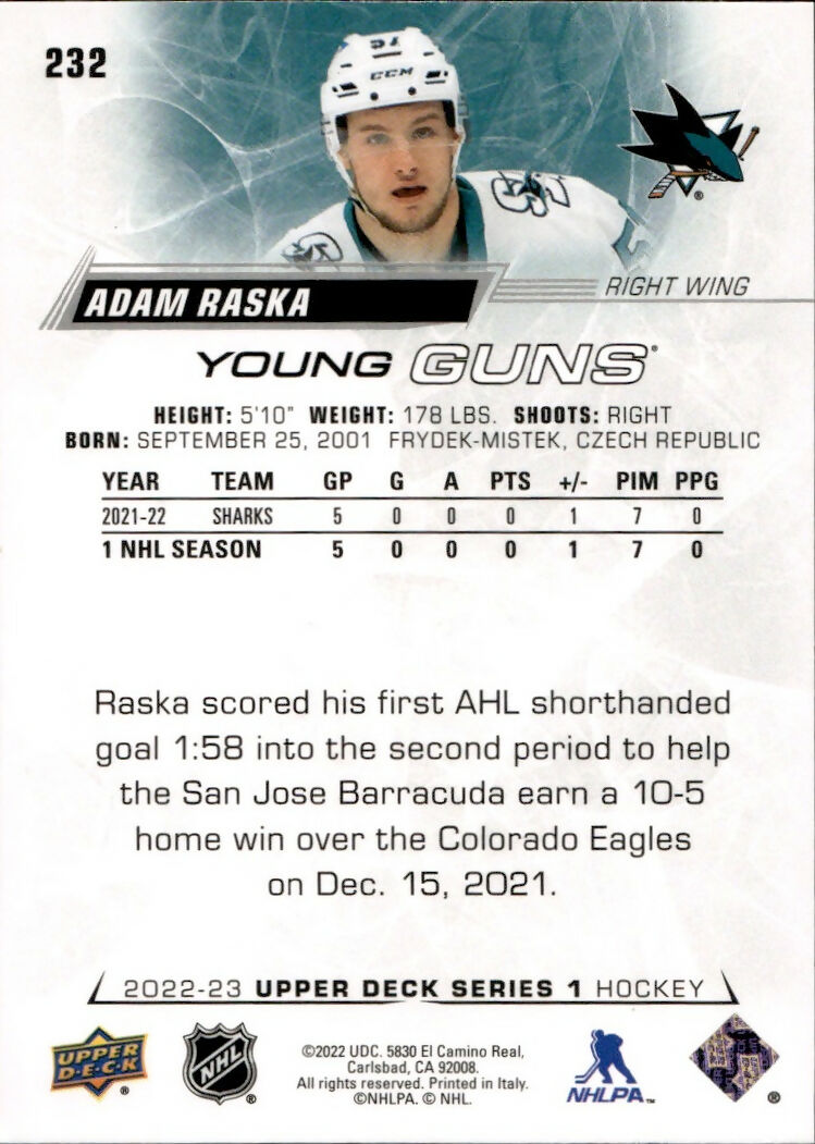 2022-23 Upper Deck Series 1 Hockey - Base - Young Guns #232 Adam Raska - San Jose Sharks - B