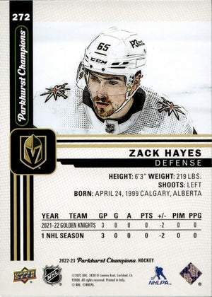 2022-23 Upper Deck Parkhurst Champions - Base #272 Zack Hayes - Vegas Golden Knights - B