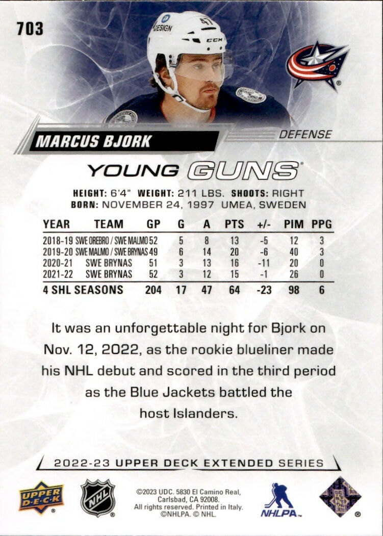 2022-23 Upper Deck Extended Series Hockey - Base - Young Guns #703 Marcus Bjork - Columbus Blue Jackets - B