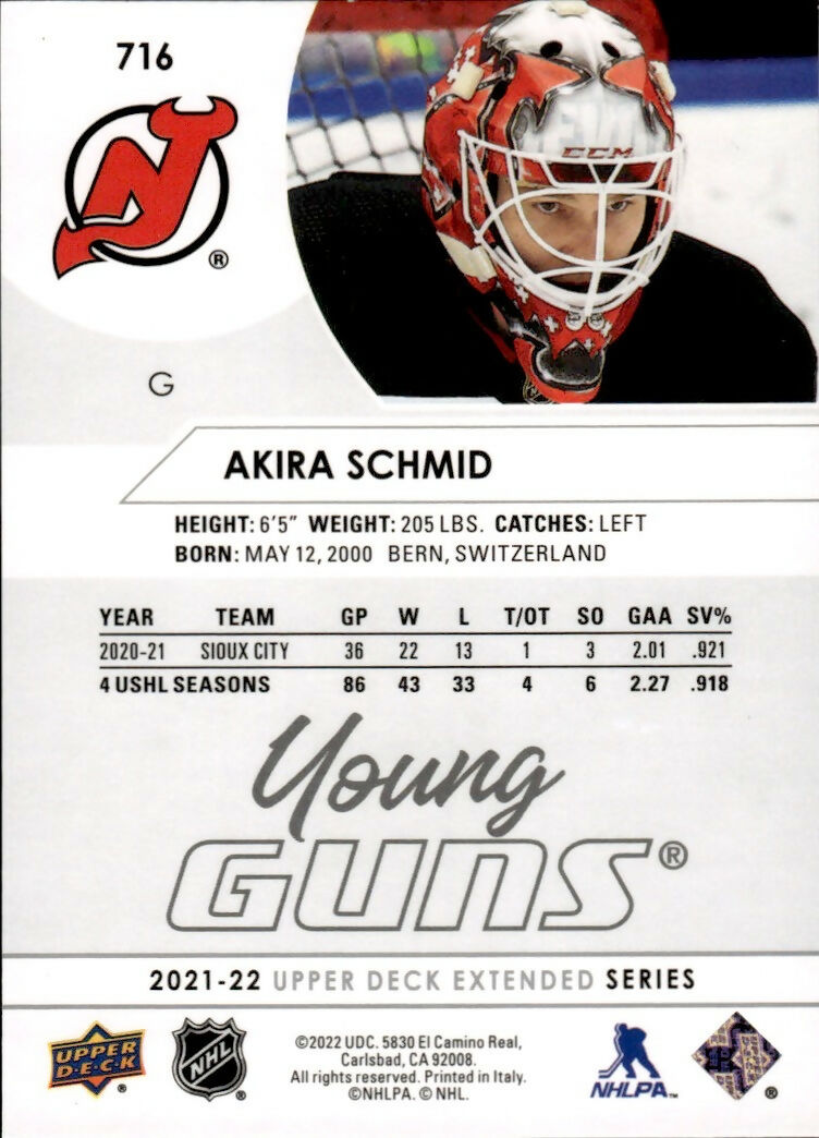 2021-22 Upper Deck Extended Series Hockey - Base - Young Guns #716 Akira Schmid - New Jersey Devils