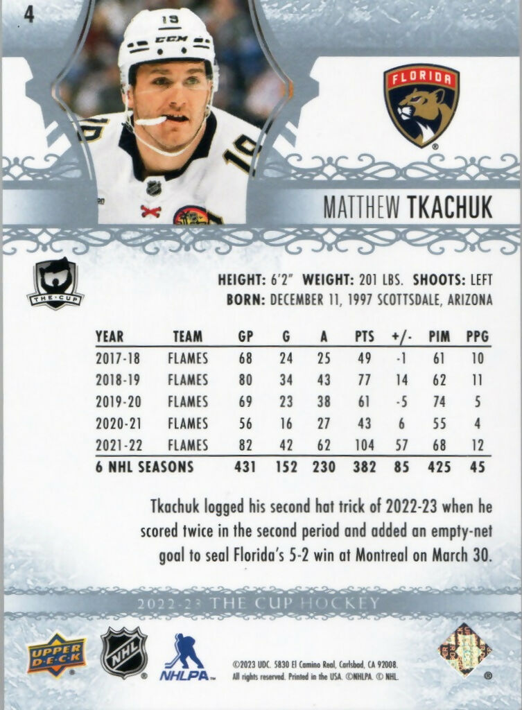 2022-23 Upper Deck The Cup Hockey - Base :249 #4 Matthew Tkachuk - Florida Panthers - B