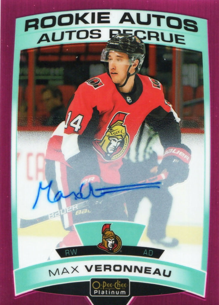 2019-20 Upper Deck O-Pee-Chee Platinum Hockey - Marquee Rookies - Matte Pink - Auto /99 #R-MV Max Veronneau - Ottawa Senators