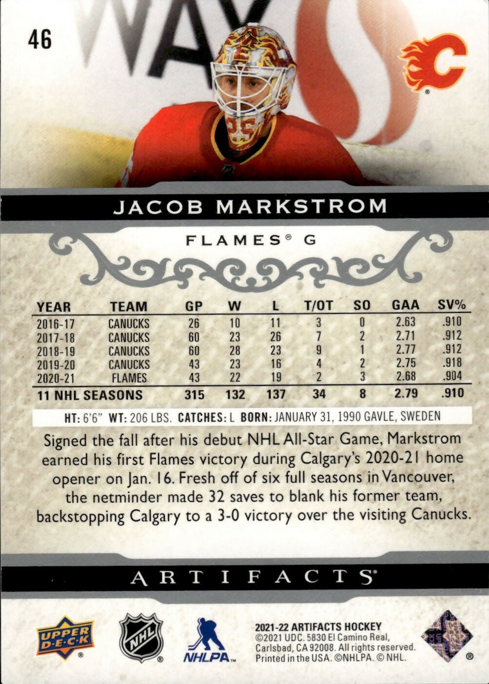 2021-22 Upper Deck Artifacts Hockey - Base #46 Jacob Markstrom - Calgary Flames