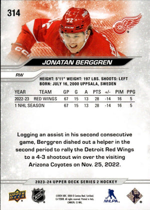 2023-24 Upper Deck Series 2 Hockey - Base #314 Jonatan Berggren - Detroit Red Wings