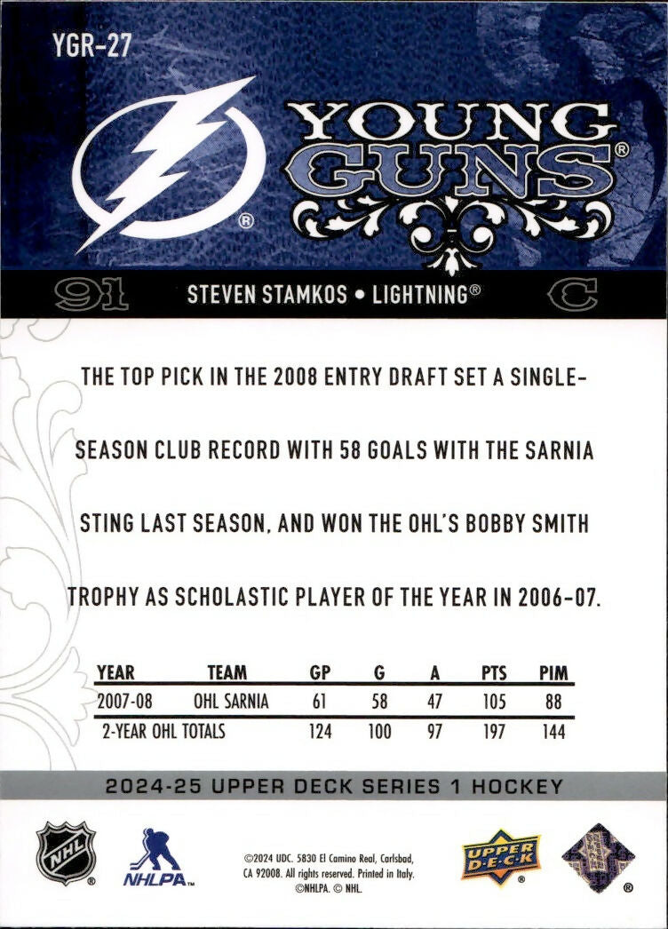 2024-25 Upper Deck Series 1 Hockey - Young Guns Renewed #YGR-27 Steven Stamkos - Tampa Bay Lightning - B