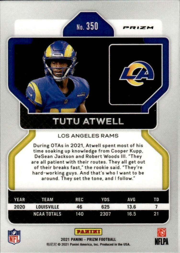 2021 Panini Prizm Football Base - Red White And Blue Prizm #350 Tutu Atwell RC Los Angeles Chargers - B