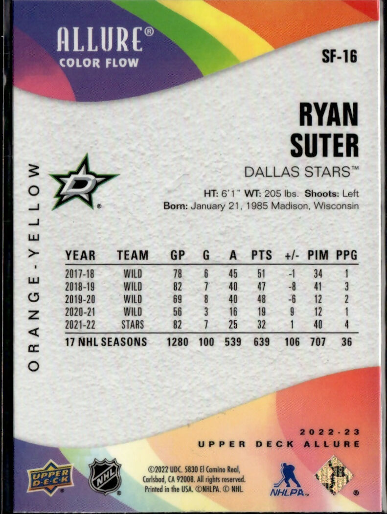 2022-23 Upper Deck Allure Hockey - Color Flow - Orange-Yellow #SF-16 Ryan Suter - Dallas Stars
