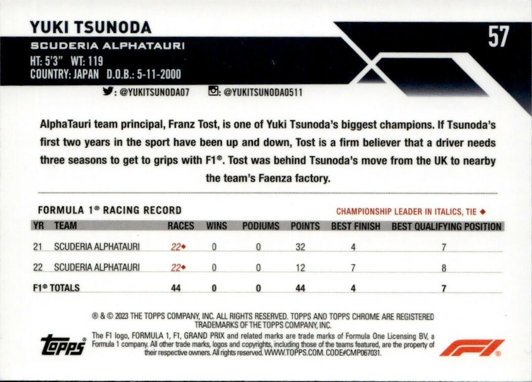 2023 Topps Chrome Formula 1 Base #57 - F1 Drivers - Checker Flag X-factor Yuki Tsunoda - Scuderia Alphatauri - B
