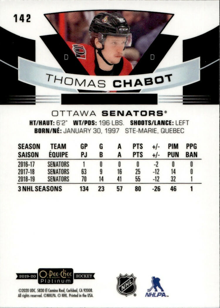 2019-20 Upper Deck O-Pee-Chee Platinum Hockey - Base #142 Thomas Chabot - Ottawa Senators