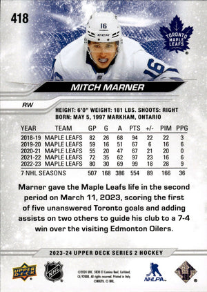 2023-24 Upper Deck Series 2 Hockey - Base #418 Mitch Marner - Toronto Maple Leafs