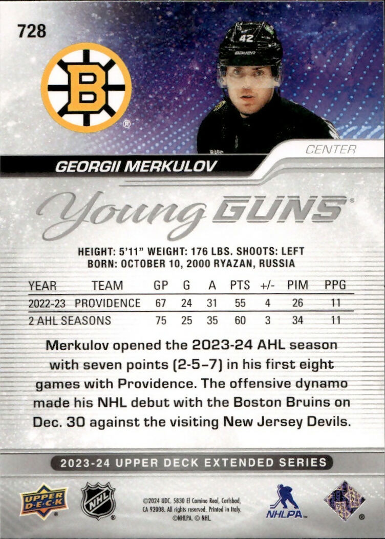 2023-24 Upper Deck Extended Series Hockey - Base - Young Guns #728 Georgii Merkulov - Boston Bruins - B