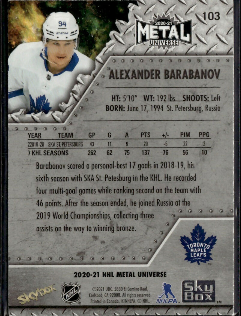 2020-21 SkyBox Metal Universe #103 Alexander Barabanov Toronto Maple Leafs Rookie